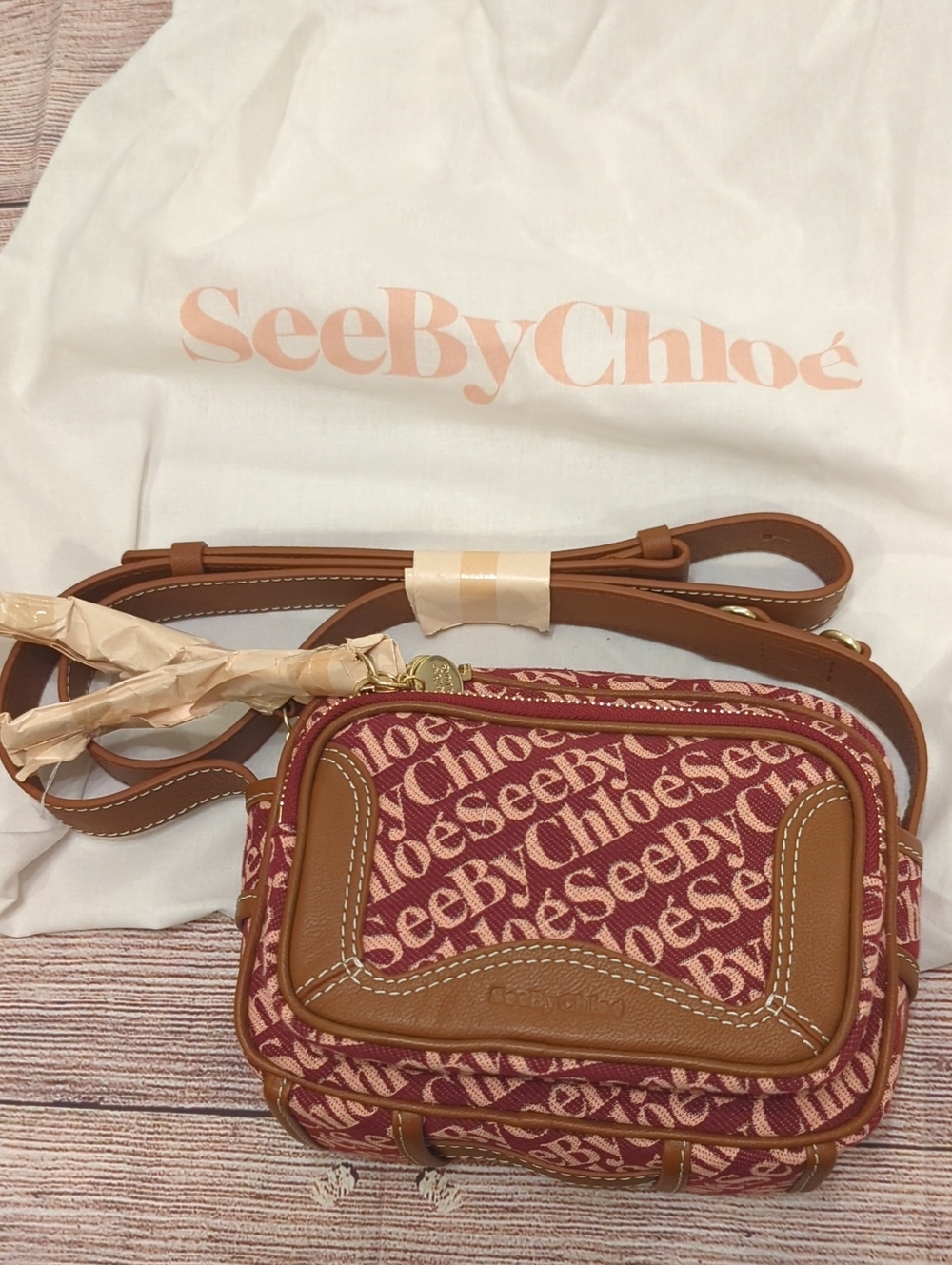 See By Chloe Signature Logo Hana Camera Crossbody Bag with Tan Trim In Dusky Red